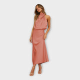 Robe Satinée Longue à Col Montant et Dos Nu