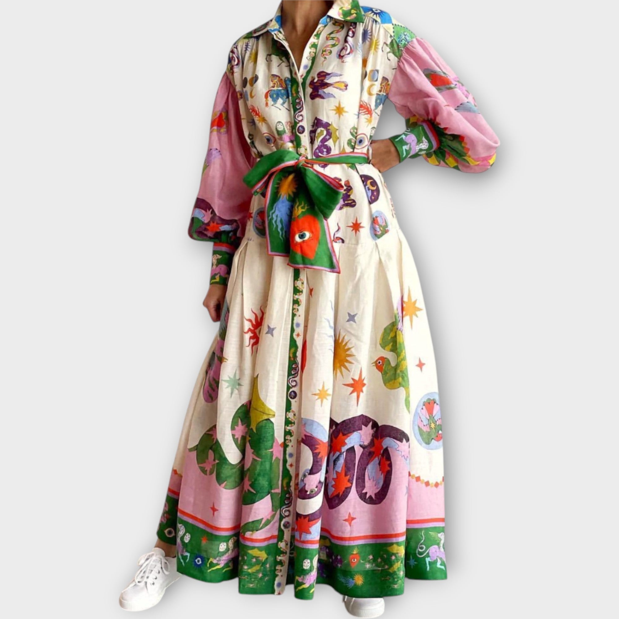 Robe Maxi Ceinturée avec Manches Bouffantes