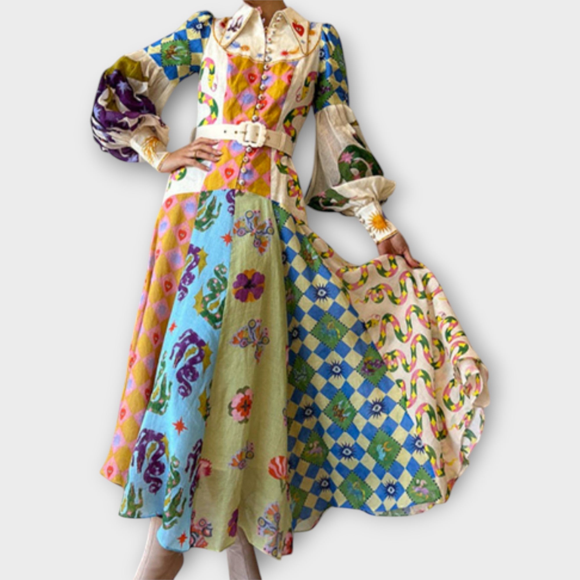 Robe Maxi Ceinturée avec Manches Bouffantes