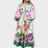 Robe Maxi Ceinturée avec Manches Bouffantes