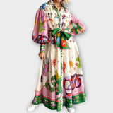 Robe Maxi Ceinturée avec Manches Bouffantes