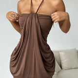 Robe Mini Chocolat avec Détail à Nouer au Cou