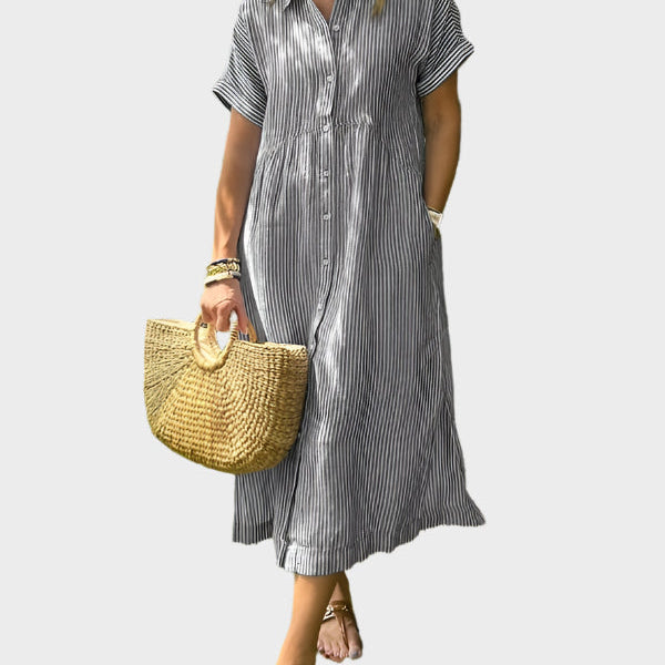 Robe Chemise Rayée avec Col, Boutons et Poches Pratiques
