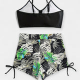 Tropical Print High-Waisted Bikini with Straps