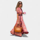 Robe Satinée Romantique avec Ceinture et Volants