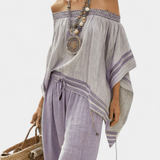 Robe courte en bambou à rayures, épaules dénudées et pantalon large pour un look chic et rafraîchissant