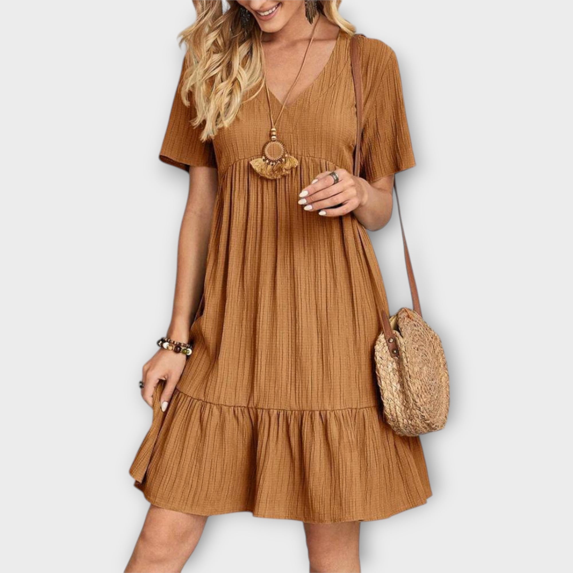 Robe d'été Boho à Plis et Manches Courtes