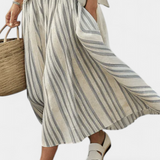 Ensemble Décontracté Daisy : Blouse Oversize et Jupe Midi Rayée en Lin Bambou pour un Look Élégant et Confortable