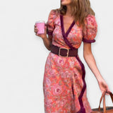 Robe Satinée Romantique avec Ceinture et Volants