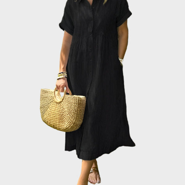 Robe Chemise Rayée avec Col, Boutons et Poches Pratiques