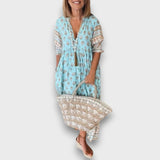 Robe Boho Légère à Manches 3/4 et Décolleté à Cordon