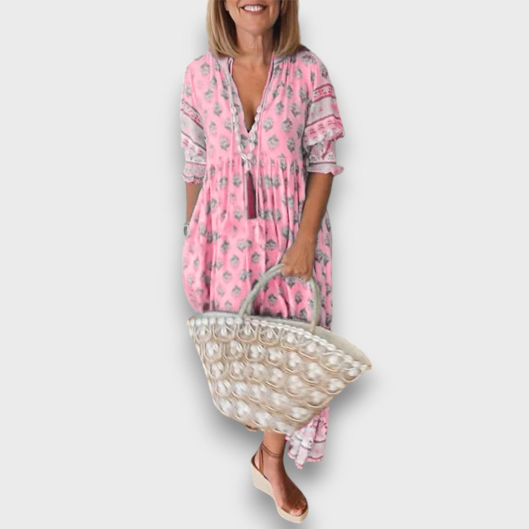 Robe Boho Légère à Manches 3/4 et Décolleté à Cordon