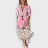 Robe Boho Légère à Manches 3/4 et Décolleté à Cordon