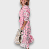 Robe Boho Légère à Manches 3/4 et Décolleté à Cordon