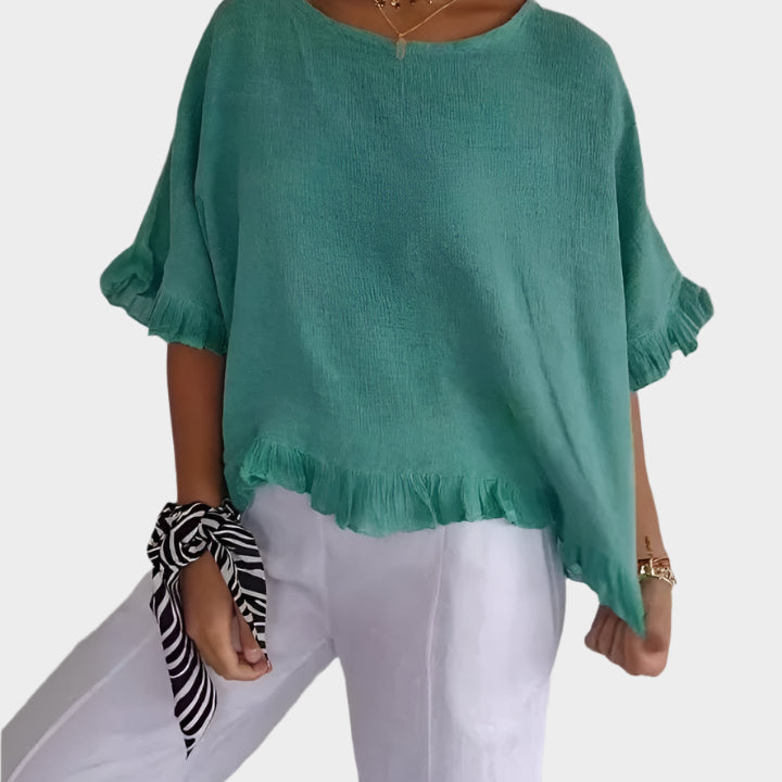 Blouse Aérée en Lin avec Détails de Coutures et Volants