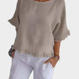 Blouse Aérée en Lin avec Détails de Coutures et Volants