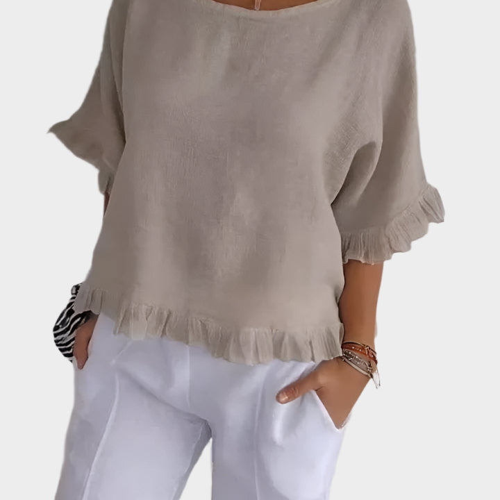 Blouse Aérée en Lin avec Détails de Coutures et Volants
