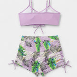 Tropical Print High-Waisted Bikini with Straps