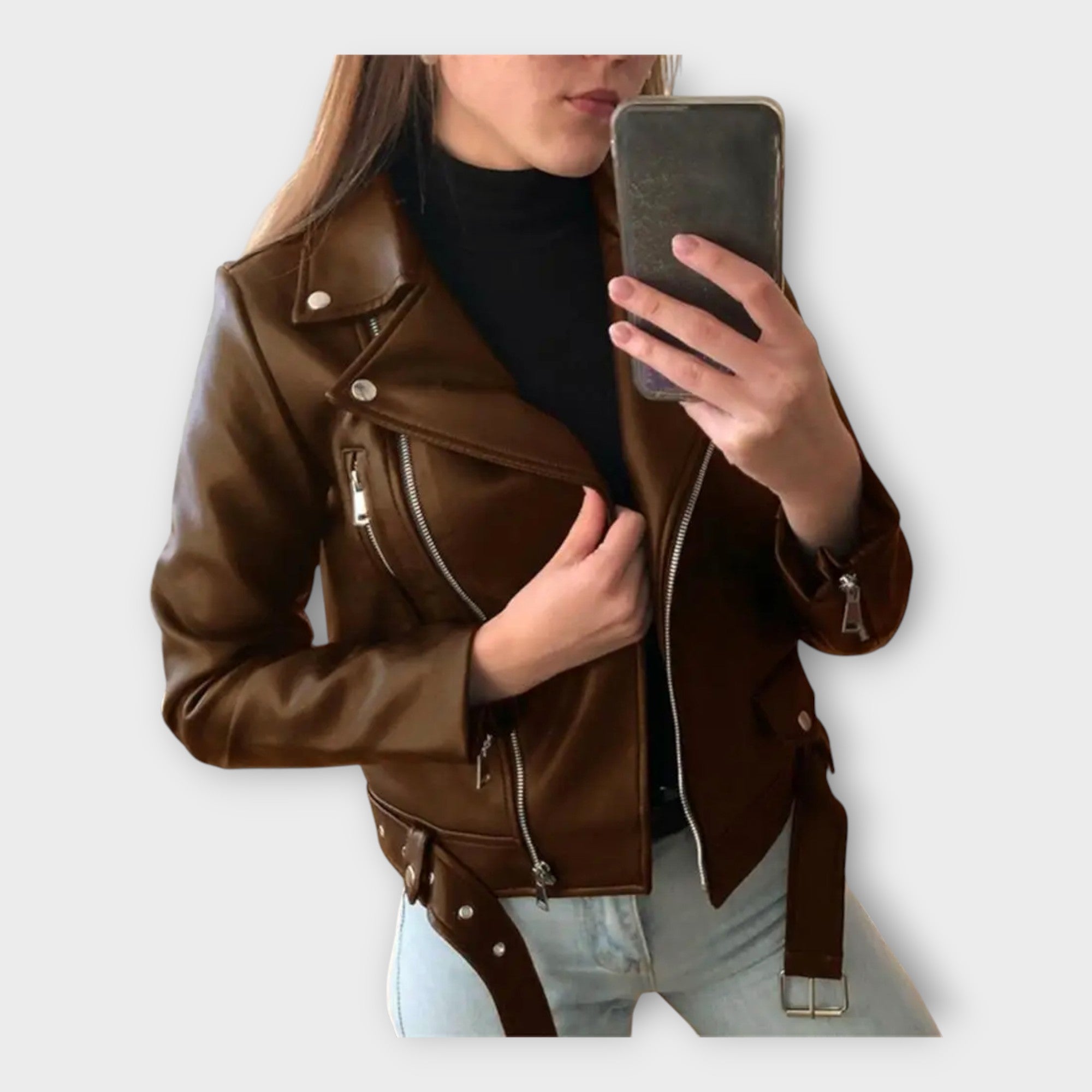 Veste en Cuir Contemporaine avec Ceinture et Zip