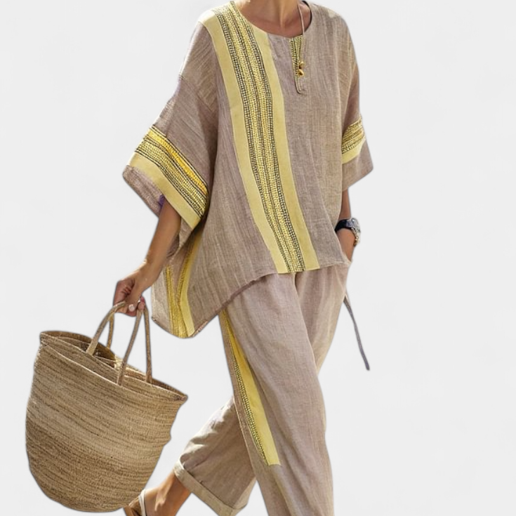 Ensemble en lin de bambou avec lavande envoûtante et accents rayés jaunes