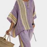 Ensemble en lin de bambou avec lavande envoûtante et accents rayés jaunes