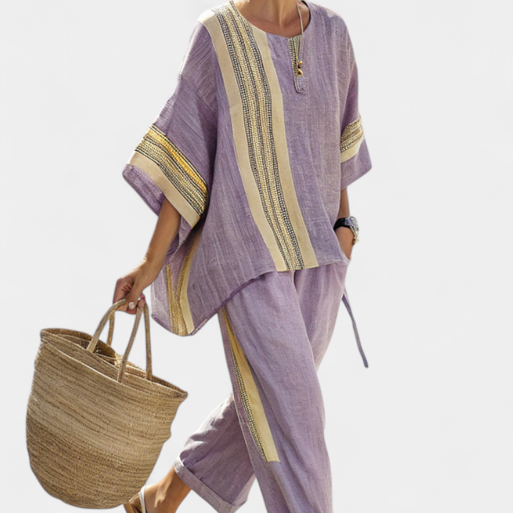 Ensemble en lin de bambou avec lavande envoûtante et accents rayés jaunes