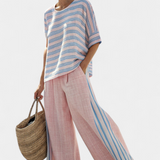 Ensemble en lin de bambou Daisy Méditerranéen rose doux avec rayures bleu ciel élégantes