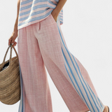 Ensemble en lin de bambou Daisy Méditerranéen rose doux avec rayures bleu ciel élégantes