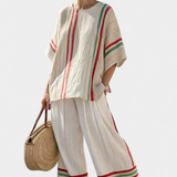 Ensemble Méditerranée Daisy en lin de bambou avec élégantes rayures rouges et vertes