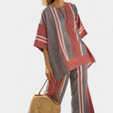 Salopette Oversize en Lin à Rayures Rouge Corail et Gris, Design Moderne et Confortable