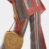 Salopette Oversize en Lin à Rayures Rouge Corail et Gris, Design Moderne et Confortable