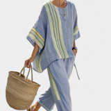 Ensemble en lin de bambou avec lavande envoûtante et accents rayés jaunes