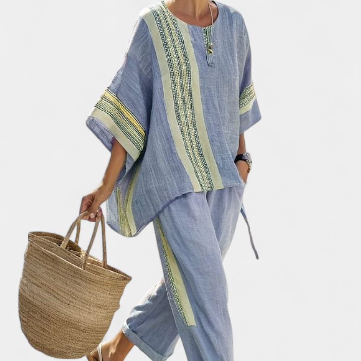 Ensemble en lin de bambou avec lavande envoûtante et accents rayés jaunes