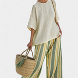 Ensemble en lin de bambou Daisy Méditerranéen à rayures olive pour une allure chic et rafraîchissante