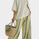 Ensemble en lin de bambou Daisy Méditerranéen à rayures olive pour une allure chic et rafraîchissante