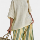 Ensemble en lin de bambou Daisy Méditerranéen à rayures olive pour une allure chic et rafraîchissante