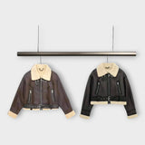 Veste Courte en Cuir avec Doublure en Fourrure et Ceinture