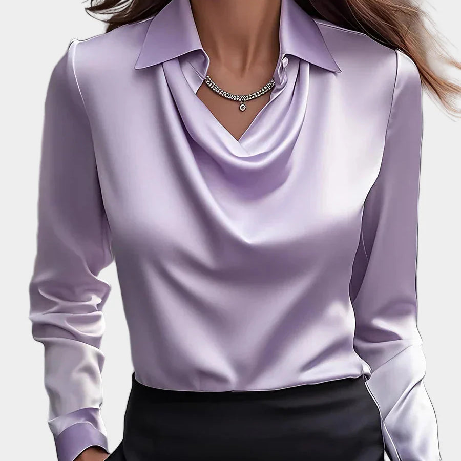 Élégant Chemisier Satiné Blanc à Décolleté Drapé