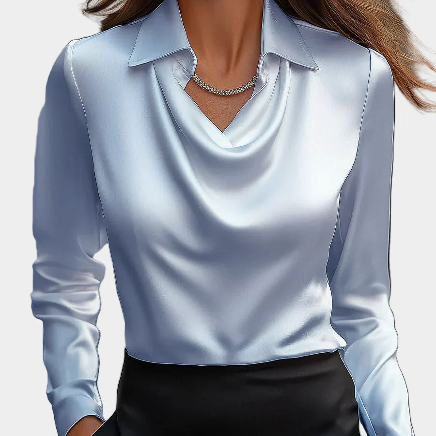 Élégant Chemisier Satiné Blanc à Décolleté Drapé