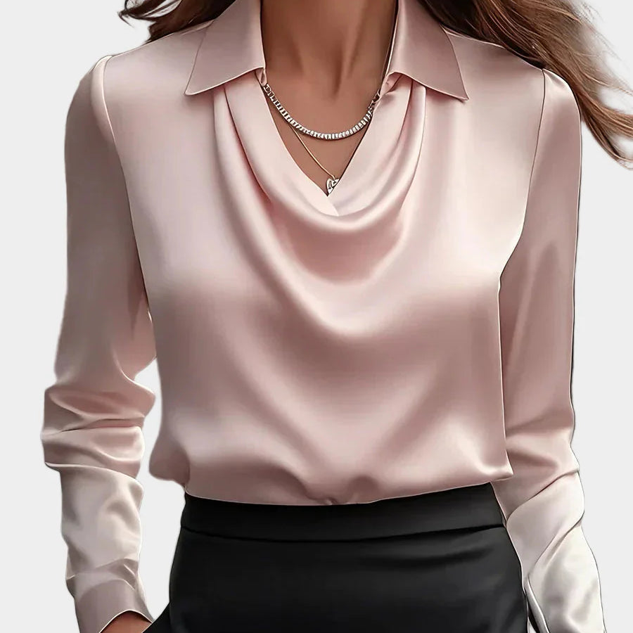 Élégant Chemisier Satiné Blanc à Décolleté Drapé