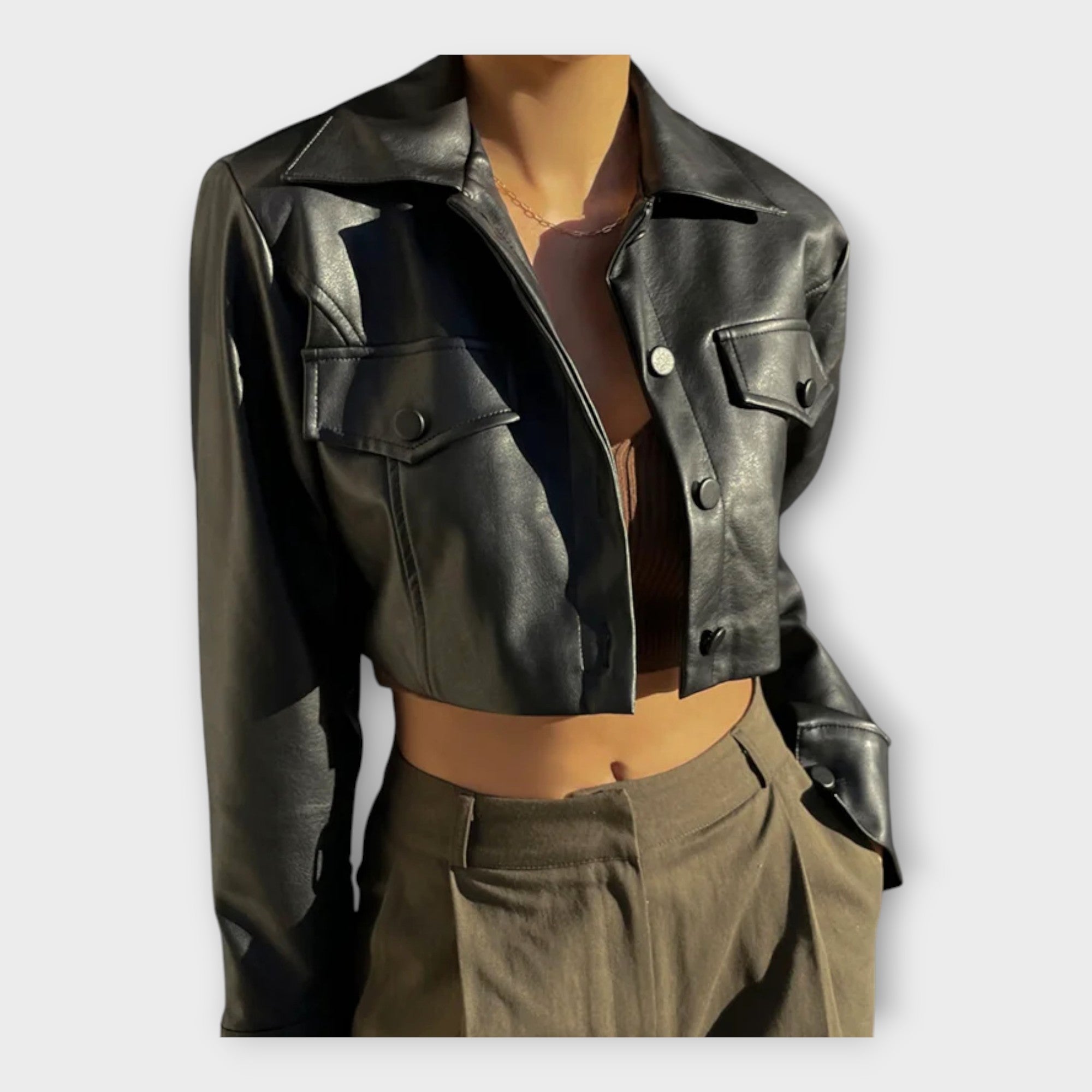 Veste Courte en Cuir avec Poches