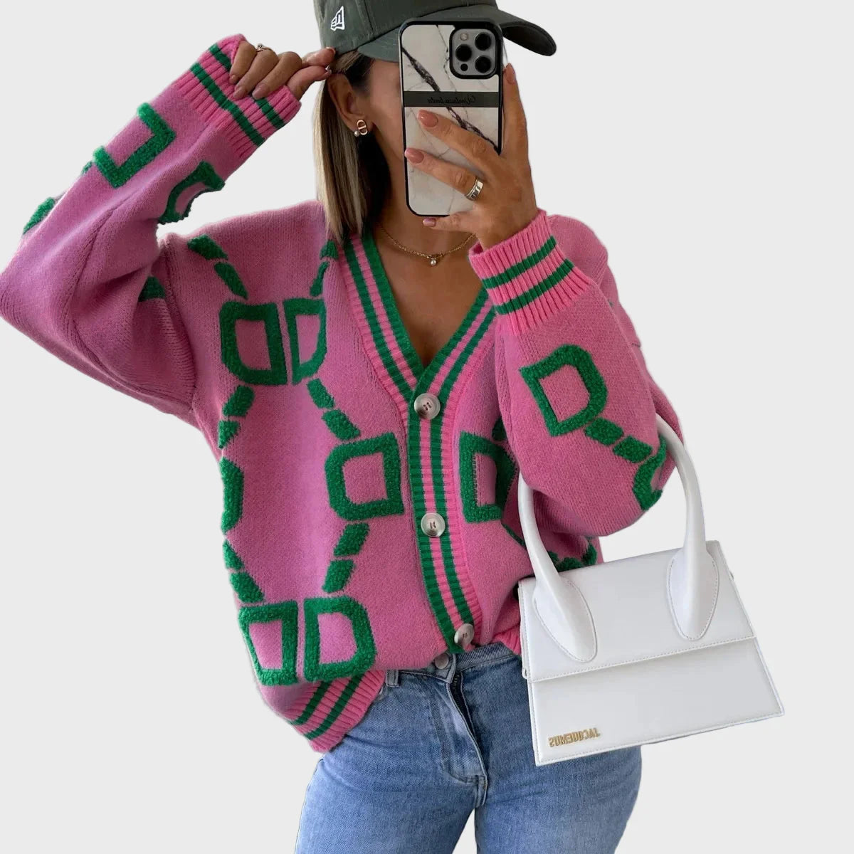 Cardigan Tricoté Contemporain à Motif Géométrique