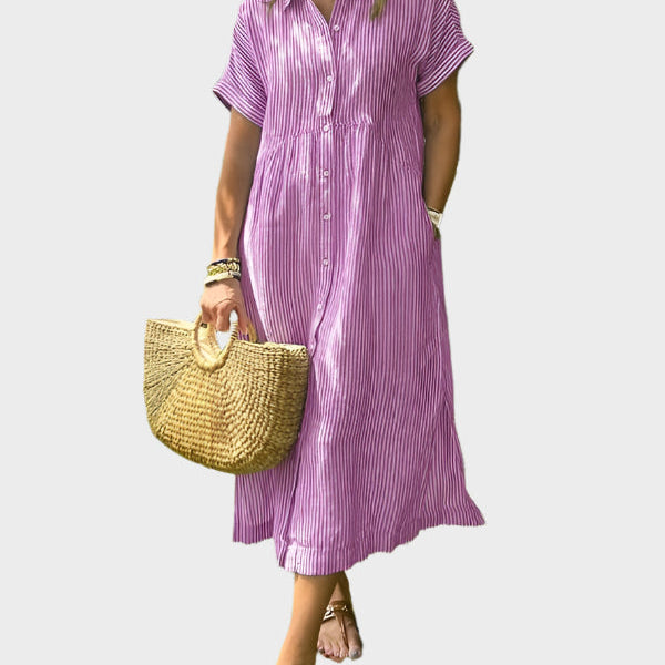 Robe Chemise Rayée avec Col, Boutons et Poches Pratiques