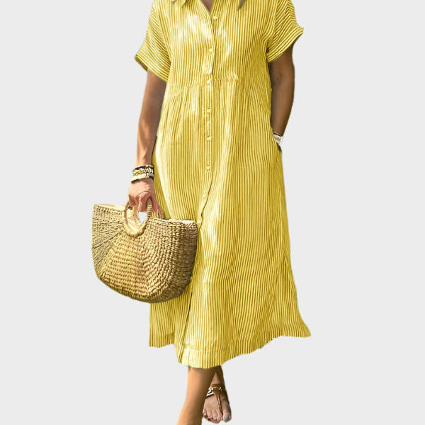 Robe Chemise Rayée avec Col, Boutons et Poches Pratiques