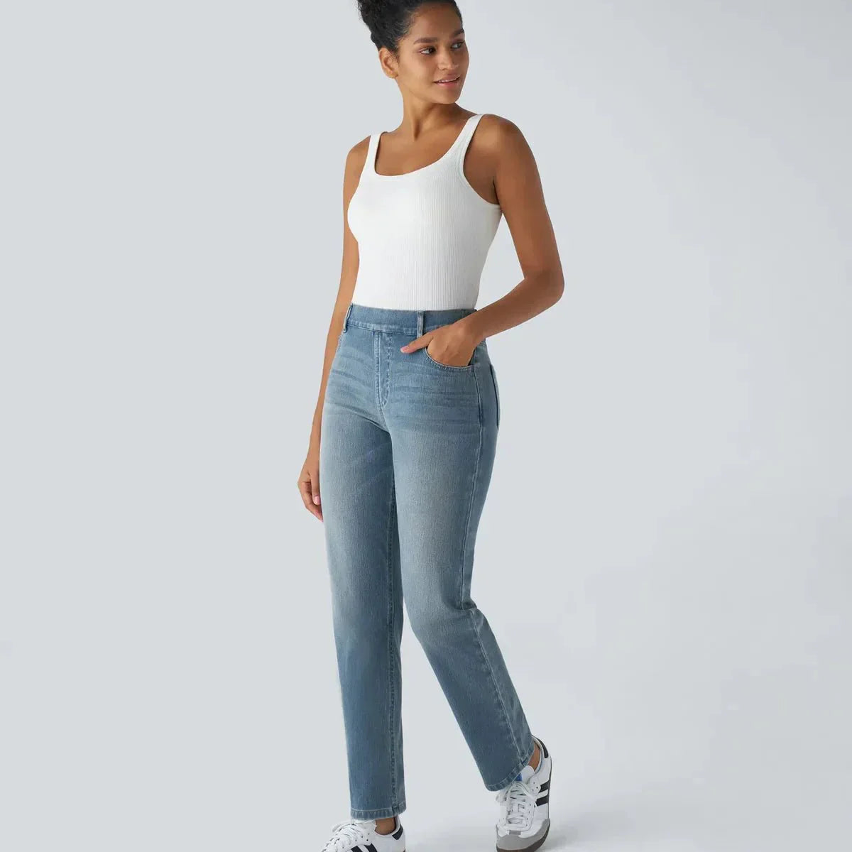 Pantalon Confortable à Taille Haute en Tissu Élastique