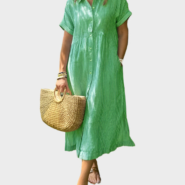 Robe Chemise Rayée avec Col, Boutons et Poches Pratiques