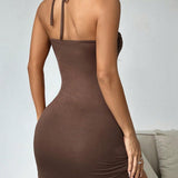 Robe Mini Chocolat avec Détail à Nouer au Cou