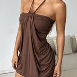 Robe Mini Chocolat avec Détail à Nouer au Cou