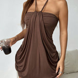 Robe Mini Chocolat avec Détail à Nouer au Cou