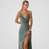 Satin Long Dress with Slit and Delicate Straps